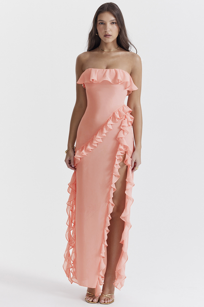 Paz | Vestido Largo Palabra Honor con Volantes