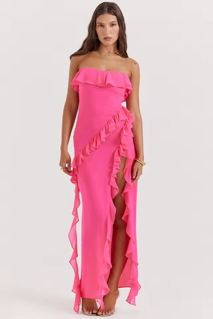 Paz | Vestido Largo Palabra Honor con Volantes