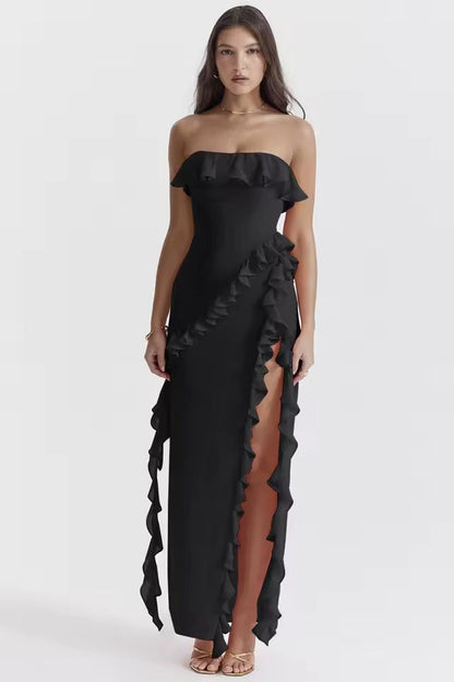 Paz | Vestido Largo Palabra Honor con Volantes