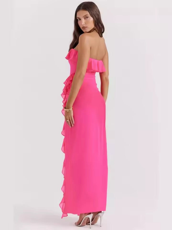 Paz | Vestido Largo Palabra Honor con Volantes