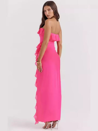 Paz | Vestido Largo Palabra Honor con Volantes